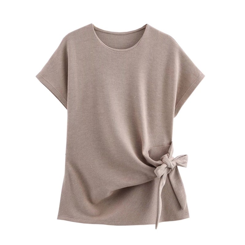 ZA cross-border womens clothing wholesale round neck short sleeve knitted jacket A- shaped skirt suit 0858674 0858673 Khaki top