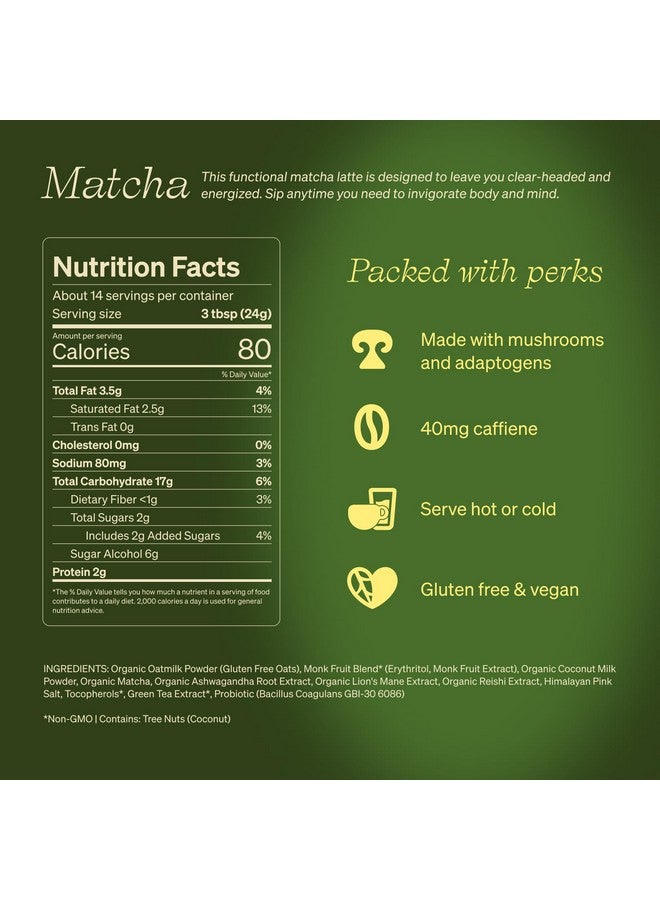 Clevr Blends Organic Matcha Green Tea Latte, Instant Ceremonial Grade Matcha, Superfood Powder Blend with Oat Milk, Lions Mane, Reishi Mushroom, Coconut Cream, Ashwagandha, Serve Hot or Iced, 12 oz - Image 2