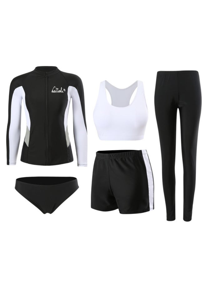 Men's And Women's Swimwear Split Long Sleeve Trousers Set Belly Cover Slimming Conservative Black And White Color Diving Suit