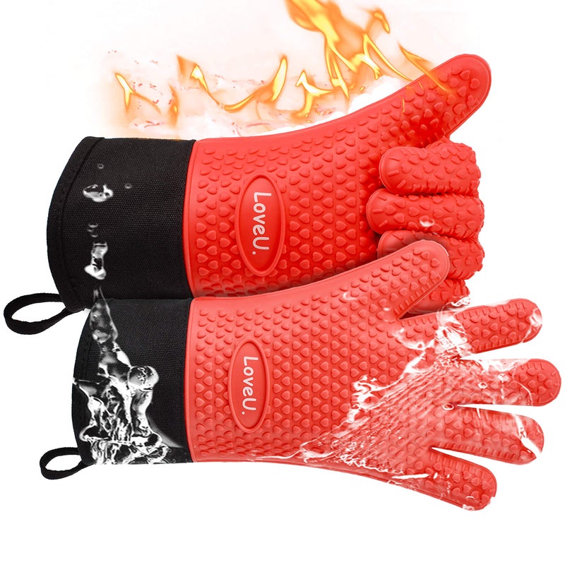 Loveuing Kitchen Oven Gloves  DualLayer Heat Resistant Grilling Gloves Silicone Oven Mitts with 5 Fingers Waterproof NonSlip Pot Holder for Barbecue Cooking Baking Red Long