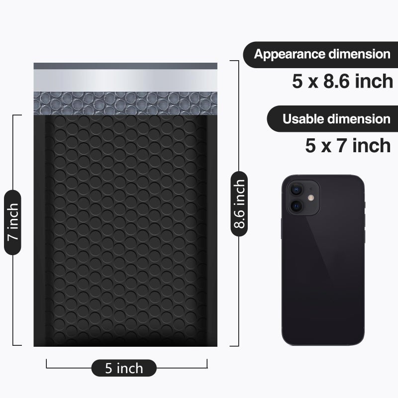 UCGOU Bubble Mailers 5x8.6 Inch Usable Size 5x7 Inch Black 50 Pack Padded Envelopes Small Business Mailing Packages Self Seal Adhesive Waterproof Boutique Shipping Bags for Jewelry Makeup Supplies - Image 2