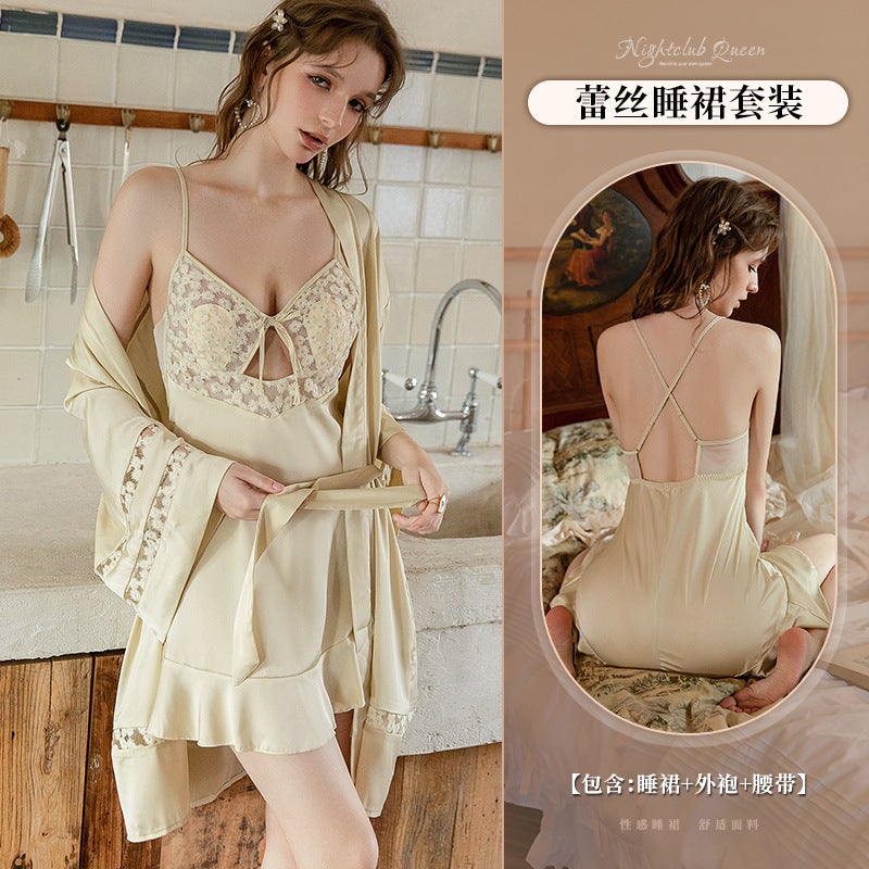 Silky Summer Nightdress Set with Pad Apricot suit (nightgown + robe)