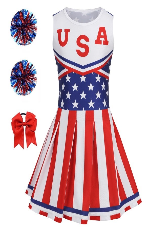 HAPNBCELE Cheerleader Costume for Girls 4th of July Cheerleading Outfit American Flag Cheer Dress Uniform with Hair Tie and 2 Pom Poms Halloween Christmas School Party (Stripe Red, 8-10 Years) - Image 1