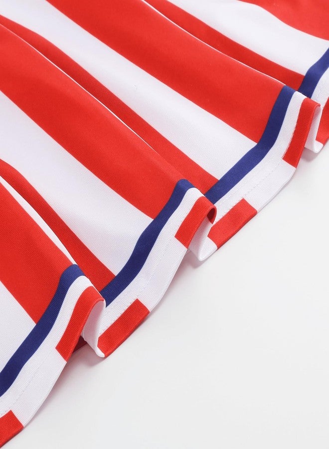 HAPNBCELE Cheerleader Costume for Girls 4th of July Cheerleading Outfit American Flag Cheer Dress Uniform with Hair Tie and 2 Pom Poms Halloween Christmas School Party (Stripe Red, 8-10 Years) - Image 3