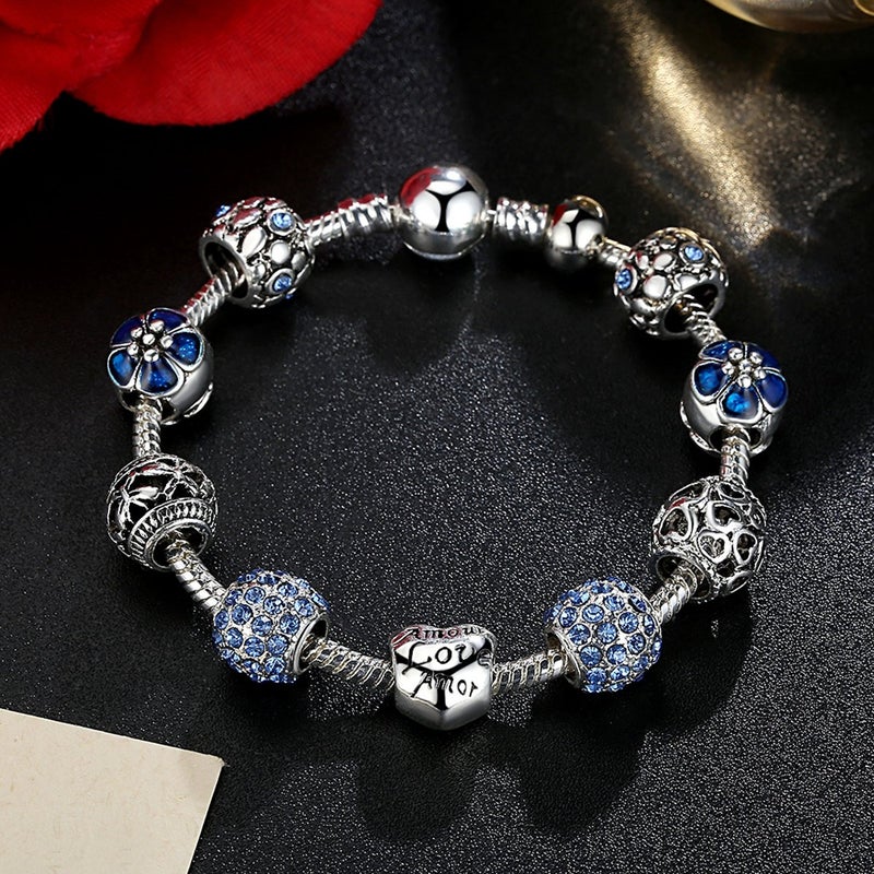 YOUFENG سوار حب من يوفينغ مع خرزات سحرية للنساء، سلسلة ثعبان، سحر وحيد القرن، سحر الزهور، هدايا عيد الميلاد لها، كريستالات زرقاء - Image 3