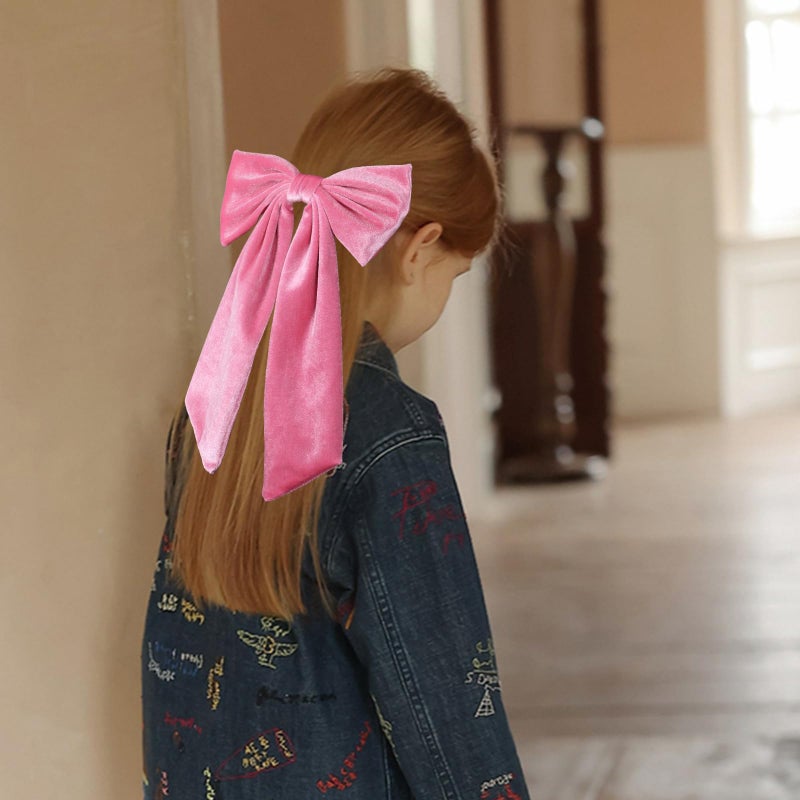 melyde 6.5 Inch Velvet Hair Bow Clip Classic Bowknot Ponytail Holder Long Velvet Ribbon Barrette Hair Accessories for Women Girls, Hot Pink - Image 3