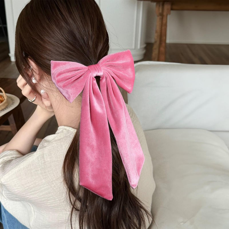 melyde 6.5 Inch Velvet Hair Bow Clip Classic Bowknot Ponytail Holder Long Velvet Ribbon Barrette Hair Accessories for Women Girls, Hot Pink - Image 2