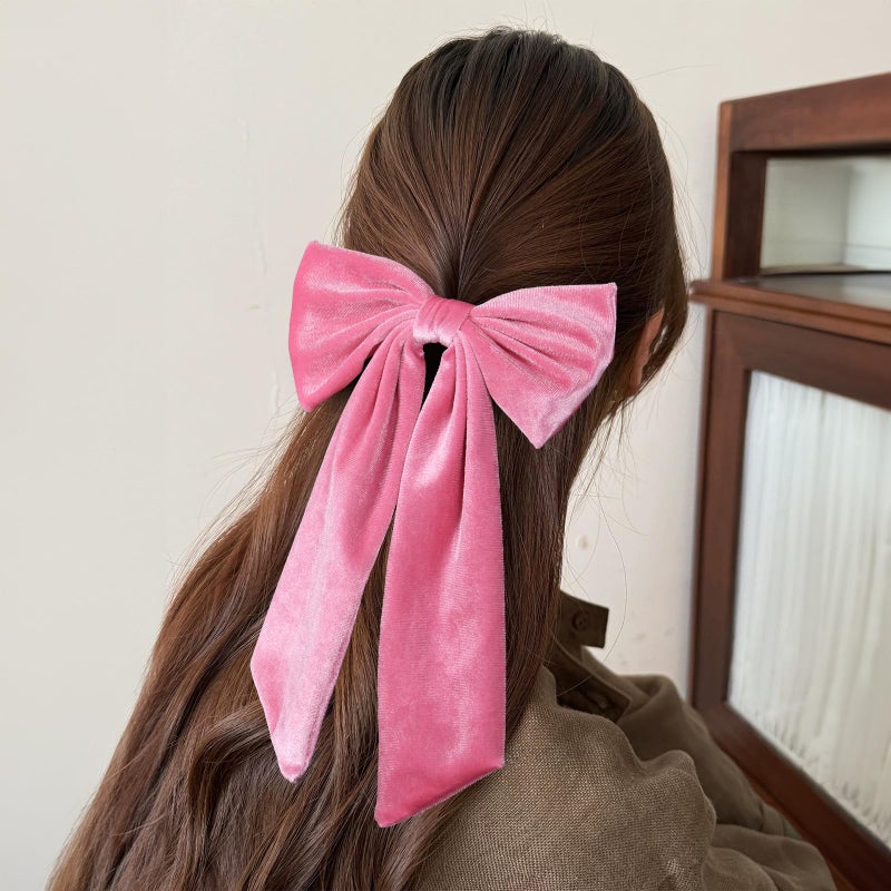 melyde 6.5 Inch Velvet Hair Bow Clip Classic Bowknot Ponytail Holder Long Velvet Ribbon Barrette Hair Accessories for Women Girls, Hot Pink - Image 4