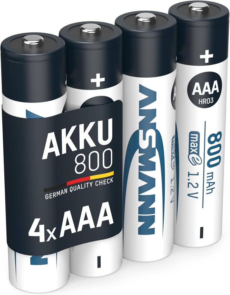 بطاريات ANSMANN 5035042 حجم AAA [عبوة من 4]، بطارية MaxE Pro من NiMH قابلة لإعادة الشحن ومشحونة مسبقًا تدوم طويلاً بسعة 800 مللي أمبير في الساعة، متعددة الألوان - Image 1
