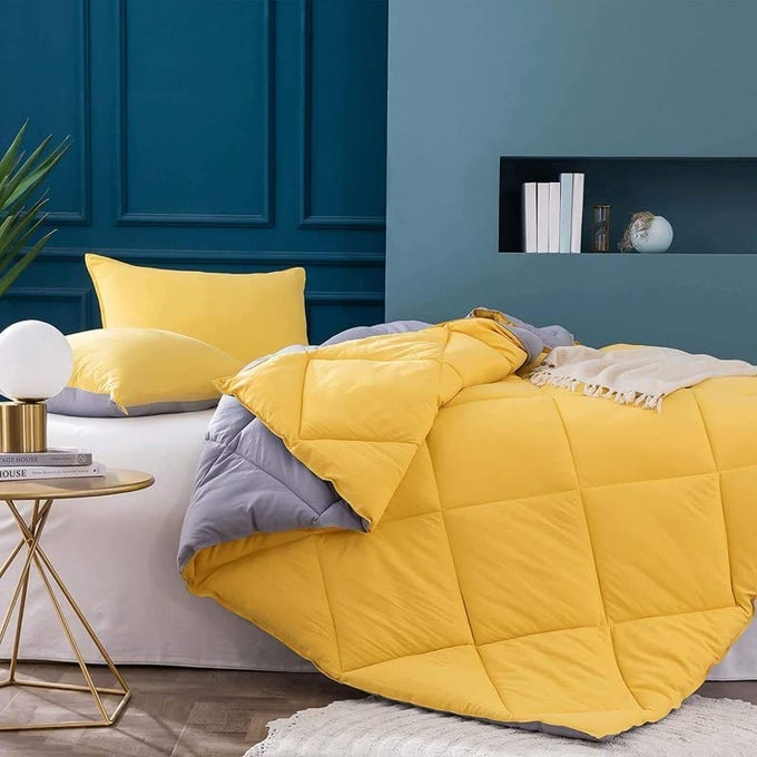 TUNDWALS MICROFIBER REVERSIBLE SOLID EXTRA COMFORT SOFT COMFORTERBLANKET SINGLE BED 210 GSM QUILT YELLOW SILVER 1 PIECE