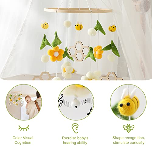 OESSUF Nursery Mobile for Boys Girls, Boho Bee Flower Nursery Decor Soothe Toy, Shower Set for Infant Bedroom Hanging Decoration, Yellow - Image 4