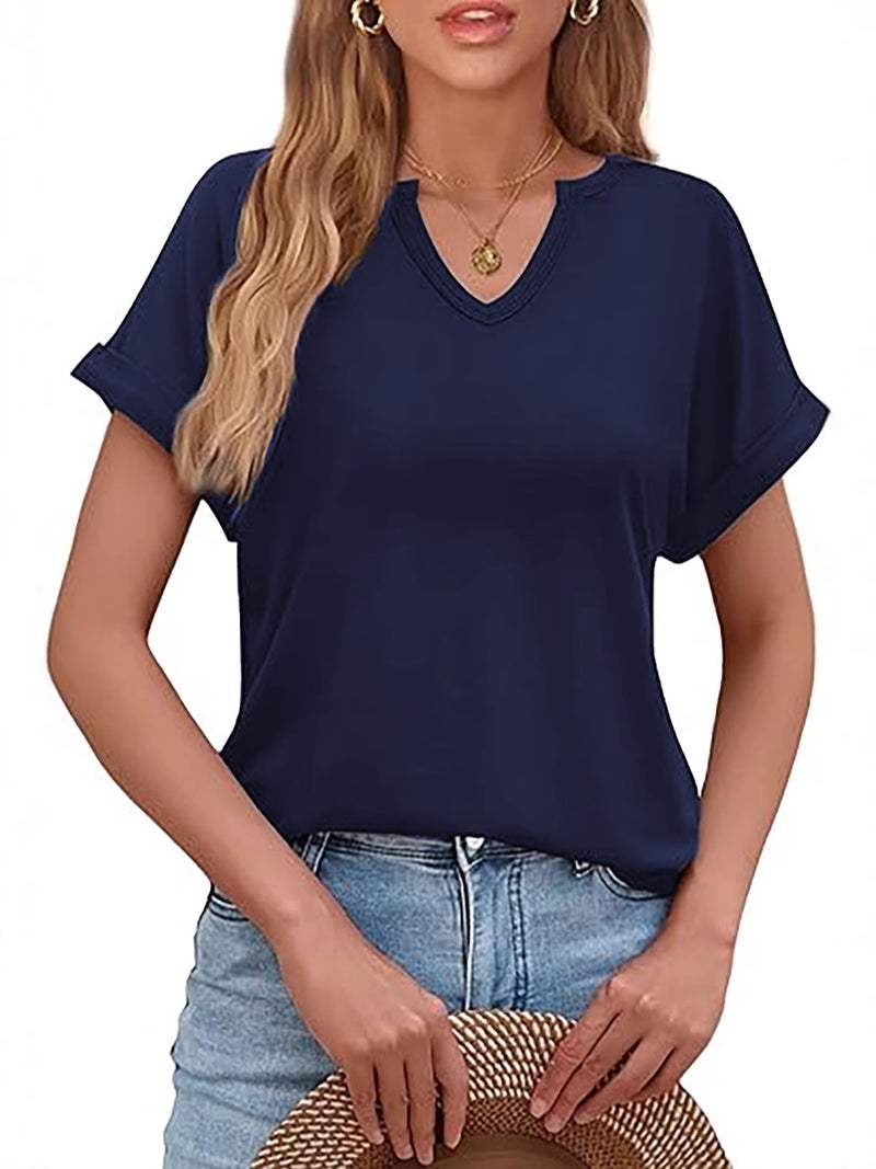 Spring And V-Neck Roll Sleeve Casual Simple Solid Color Loose Pullover Short Sleeve T-Shirt - Image 3