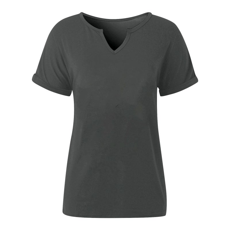 Spring And V-Neck Roll Sleeve Casual Simple Solid Color Loose Pullover Short Sleeve T-Shirt - Image 1