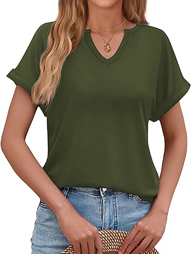 Spring And V-Neck Roll Sleeve Casual Simple Solid Color Loose Pullover Short Sleeve T-Shirt - Image 2