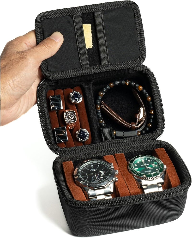 RIGICASE 2 slots Watch travel case, with accessories compartment for rings cufflinks watch band, Hard Portable Watch box holder Organizer with soft pillow fit up to 55mm | custom insert for rings,necklace,braclet, anti-move watch pillow, hardshell and drable 1680d fabric. - Image 1