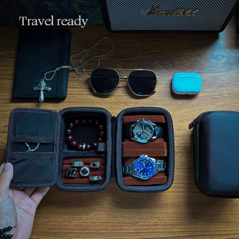 RIGICASE 2 slots Watch travel case, with accessories compartment for rings cufflinks watch band, Hard Portable Watch box holder Organizer with soft pillow fit up to 55mm | custom insert for rings,necklace,braclet, anti-move watch pillow, hardshell and drable 1680d fabric. - Image 3