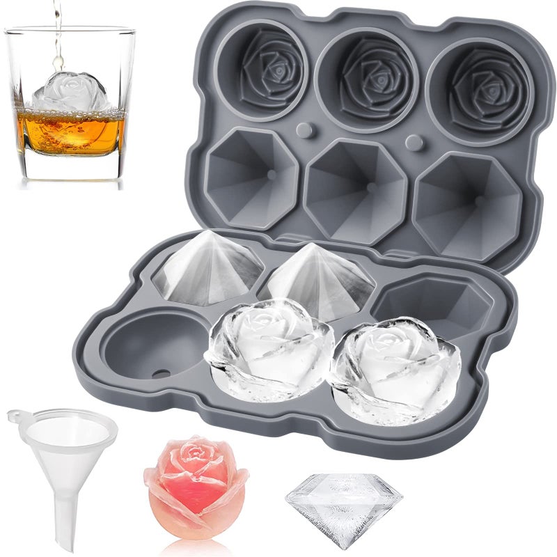 Ice Cube Tray Mikiwon 2 inch Rose Ice Cube Trays With Covers 3 Cavity Silicone Rose Ice Tray 3 Diamond Ice Ball Maker Easy Release Large Ice Cube Form for Chilled Cocktails Whiskey Juice