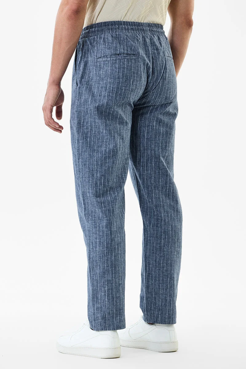 SNITCH Blue Regular Fit Stripes Linen Blend Trousers for Men | Best Price UAE
