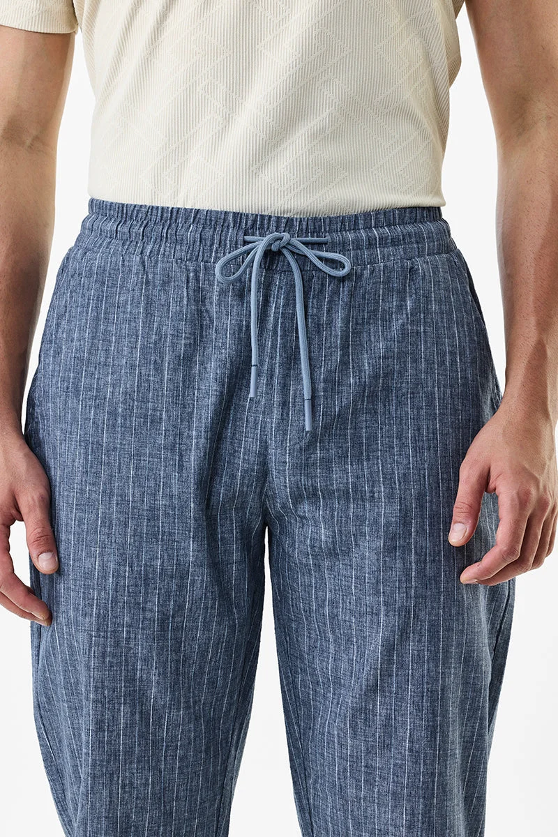 SNITCH Blue Regular Fit Stripes Linen Blend Trousers for Men | Best Price UAE