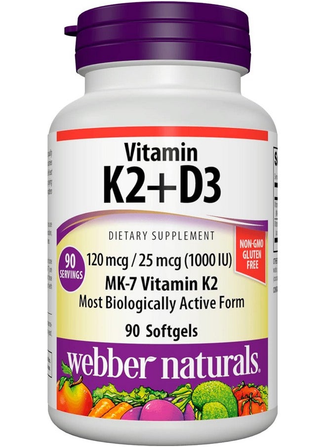 Webber naturals Vitamin K2 Mk7 (120 Mcg) With Vitamin D3 (1000 Iu) 90 Softgels Supports Bones Teeth And Cardiovascular System Vitamin Supplement Gluten Free And Nongmo  - Image 2