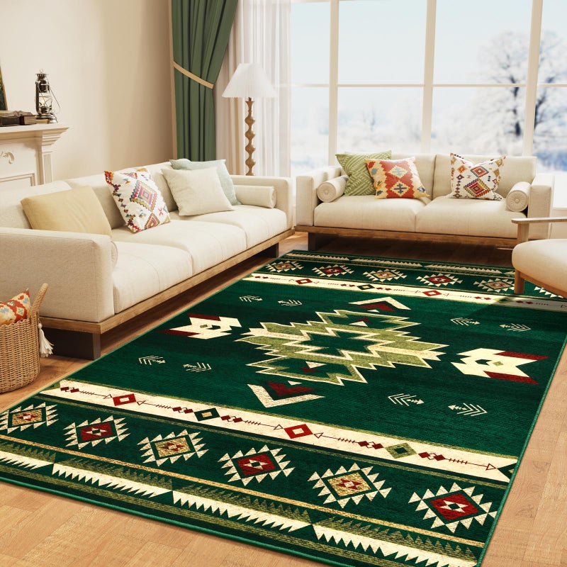 B BENRON Western Rugs for Living Room, Non Slip Rustic Rug for Bedroom Dining Table Kitchen, Washable Aesthetic Area Rugs for Home Decor, 5ft x 7ft, Green - Image 1