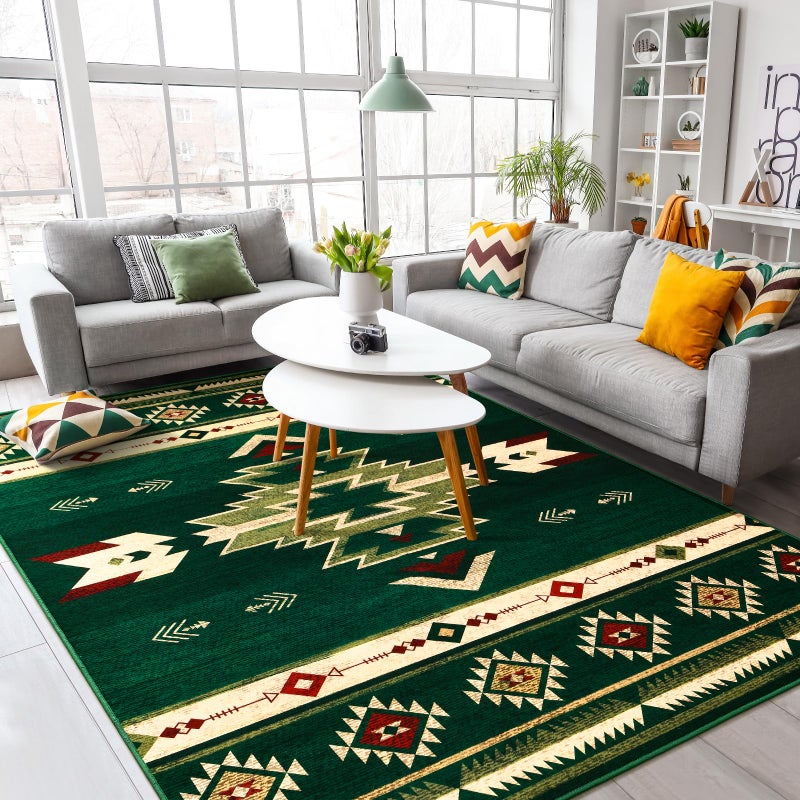B BENRON Western Rugs for Living Room, Non Slip Rustic Rug for Bedroom Dining Table Kitchen, Washable Aesthetic Area Rugs for Home Decor, 5ft x 7ft, Green - Image 2