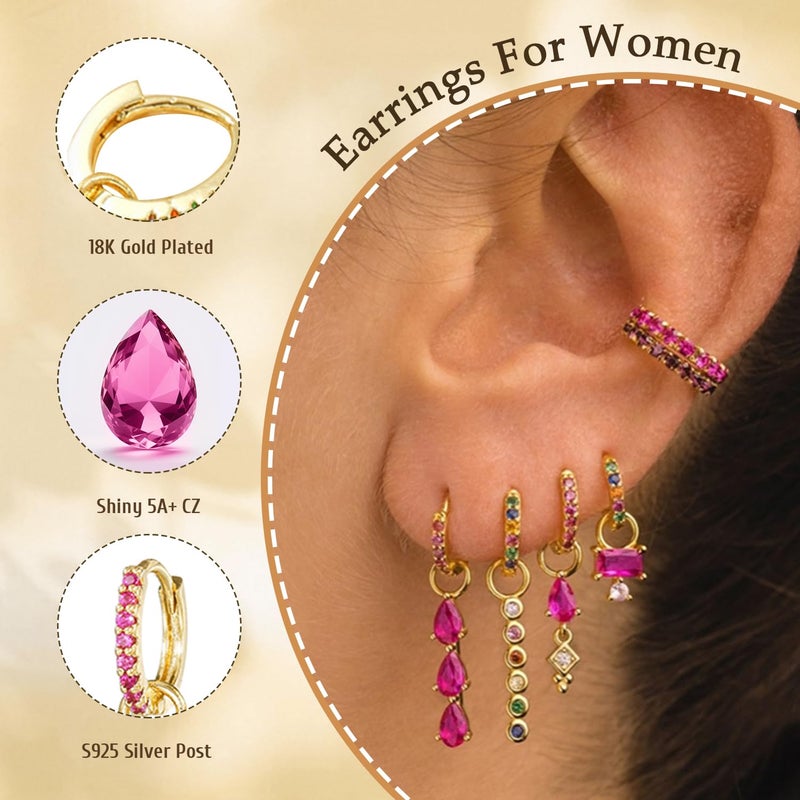 Azure Cantara 6pcs Gold Hoop Earring Stacks For Women Dainty Colorful Cubic Zirconia Huggie Earrings 18k Gold Hoop Earrings Cartilage Stud Earring Sets For Multiple Piercing - Image 5