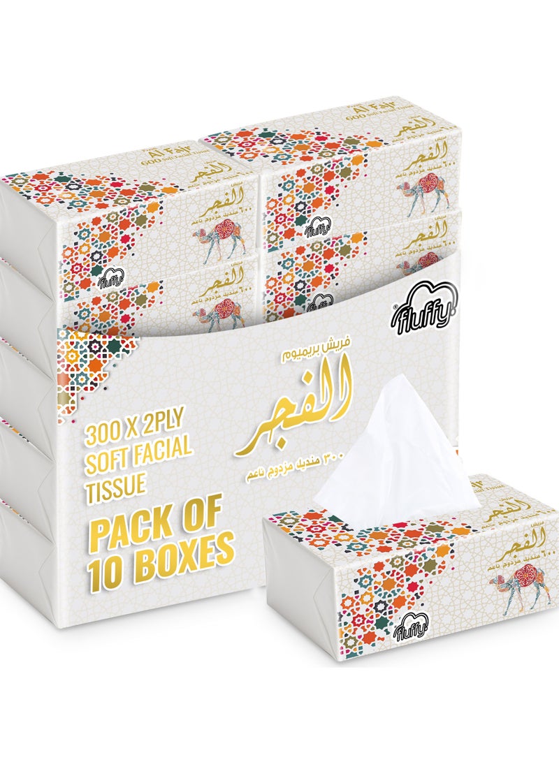 SNH Packing Al Fajr Fluffy Facial Tissue Pack of 10, 300 Sheets×2 Ply,Total 6000 Sheets (600 Sheets/Pack) - Image 1