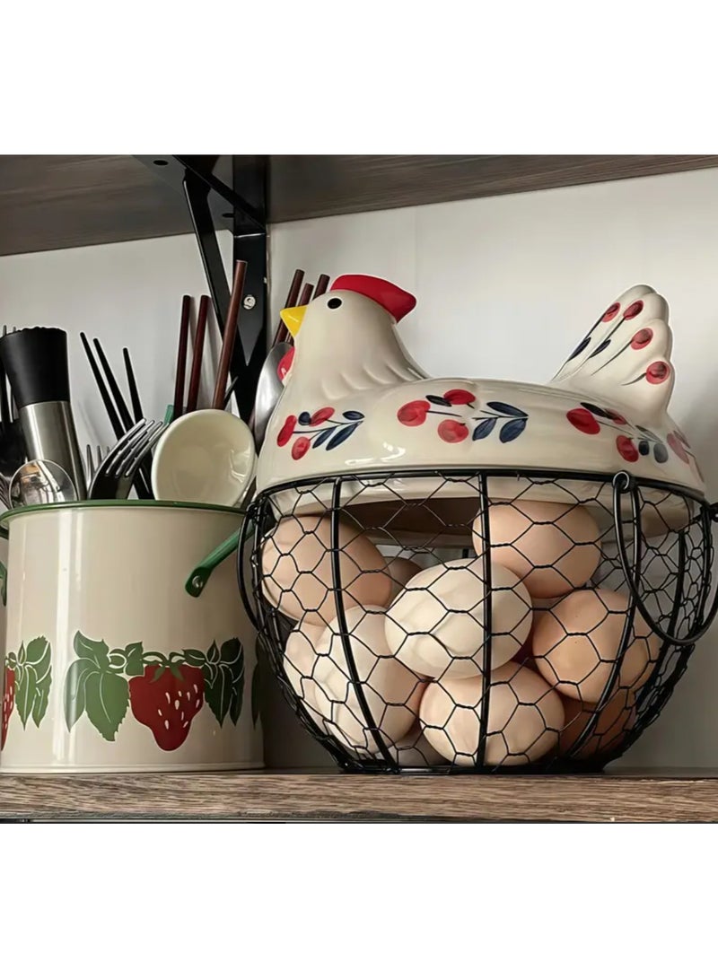 Hen-Shaped Ceramic Egg Basket with  Lid , Decorative Multi-Use Kitchen Organizer for Eggs, Fruits & Vegetables, Dustproof Sealed Design for Countertop & Tabletop Storage, Cute Egg Holder - Image 1