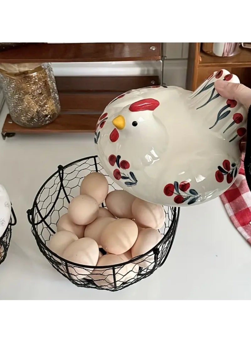 Hen-Shaped Ceramic Egg Basket with  Lid , Decorative Multi-Use Kitchen Organizer for Eggs, Fruits & Vegetables, Dustproof Sealed Design for Countertop & Tabletop Storage, Cute Egg Holder - Image 4