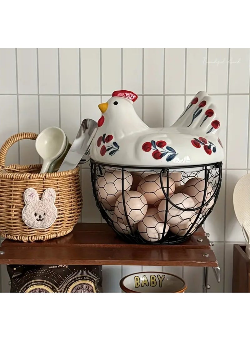 Hen-Shaped Ceramic Egg Basket with  Lid , Decorative Multi-Use Kitchen Organizer for Eggs, Fruits & Vegetables, Dustproof Sealed Design for Countertop & Tabletop Storage, Cute Egg Holder - Image 2