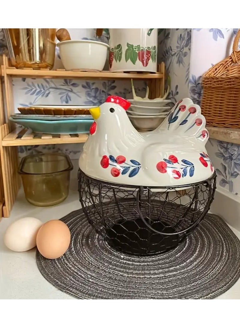 Hen-Shaped Ceramic Egg Basket with  Lid , Decorative Multi-Use Kitchen Organizer for Eggs, Fruits & Vegetables, Dustproof Sealed Design for Countertop & Tabletop Storage, Cute Egg Holder - Image 5