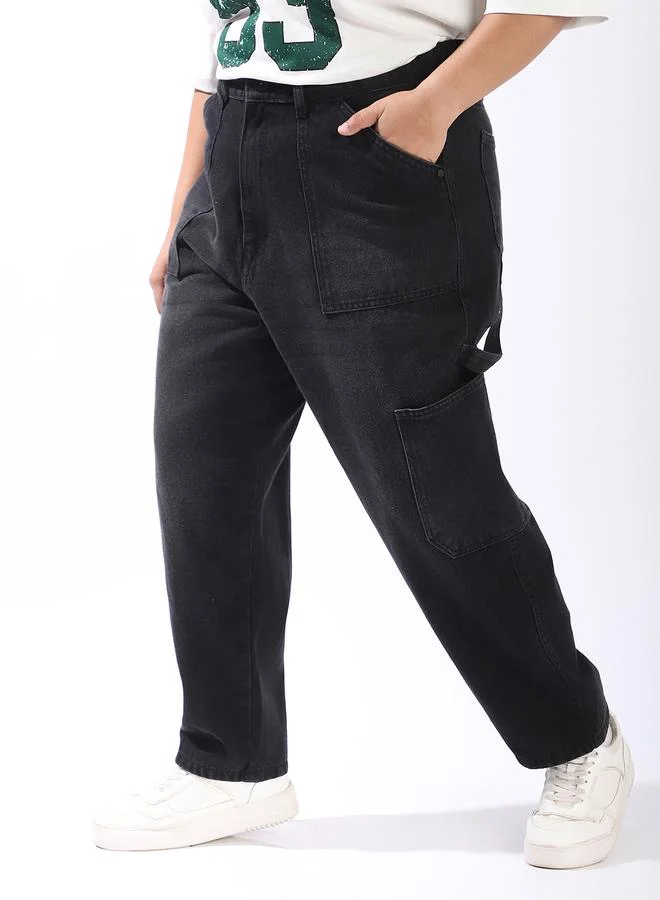 HIGH STAR Women Relaxed Mom Fit Carpentar Cargo High-Rise Jeans