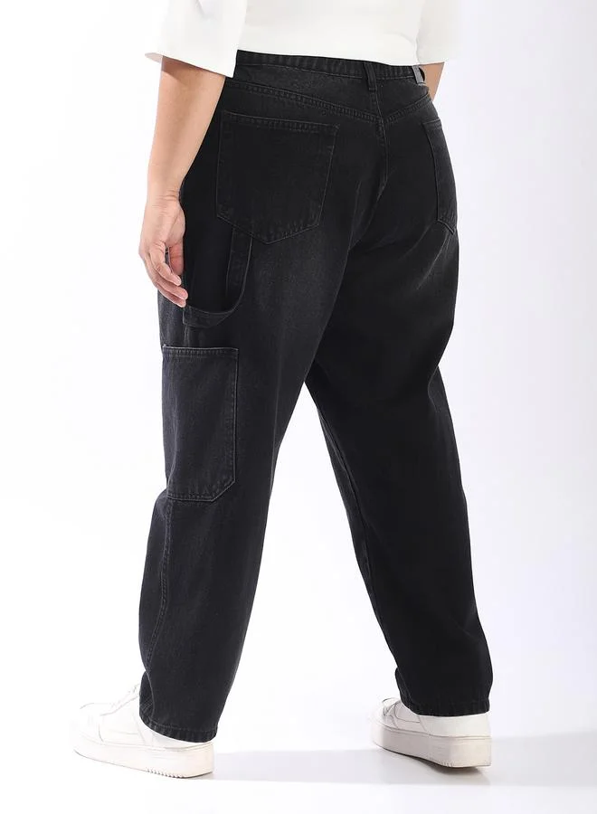 HIGH STAR Women Relaxed Mom Fit Carpentar Cargo High-Rise Jeans