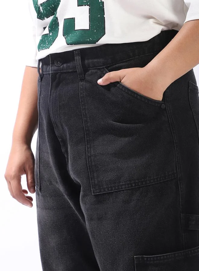 HIGH STAR Women Relaxed Mom Fit Carpentar Cargo High-Rise Jeans