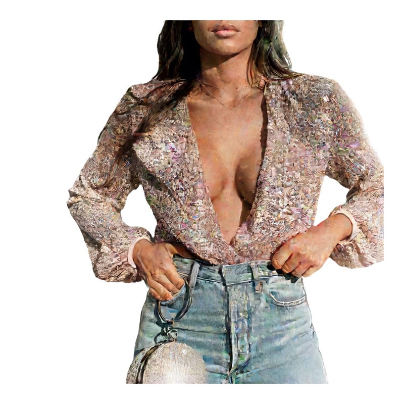 Fashion Sequin Open Front Lantern Long Sleeve Blouse