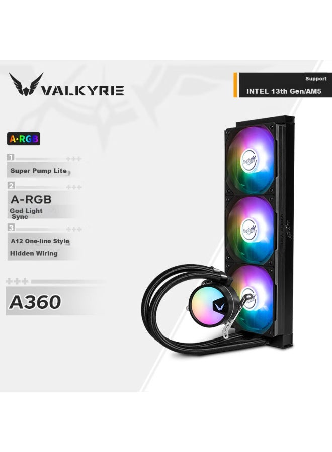 Valkyrie A360 Vk مبرد سائل لـ CPU شامل، أقواس متعددة المنصات، يدعم Lga1700، تأثيرات إضاءة ARGB، إدارة كابلات مخفية - Image 1