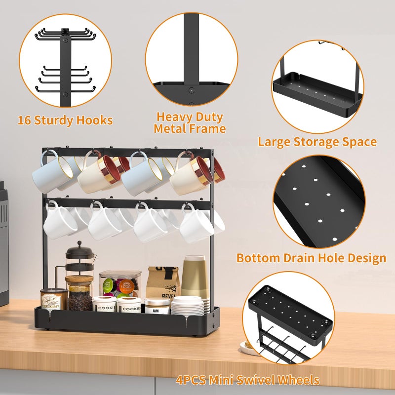 RCHYFEED Countertop Coffee Cup Holder, Aluminum Alloy Mug Holder Organizer with 16 Movable Hooks, 2 Tier Mug Tree Stand Rack with Storage Basket for K Cup Coffee Bar Kitchen - Image 3