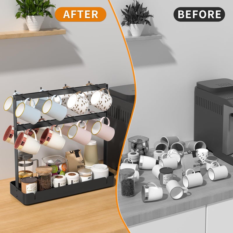 RCHYFEED Countertop Coffee Cup Holder, Aluminum Alloy Mug Holder Organizer with 16 Movable Hooks, 2 Tier Mug Tree Stand Rack with Storage Basket for K Cup Coffee Bar Kitchen - Image 2
