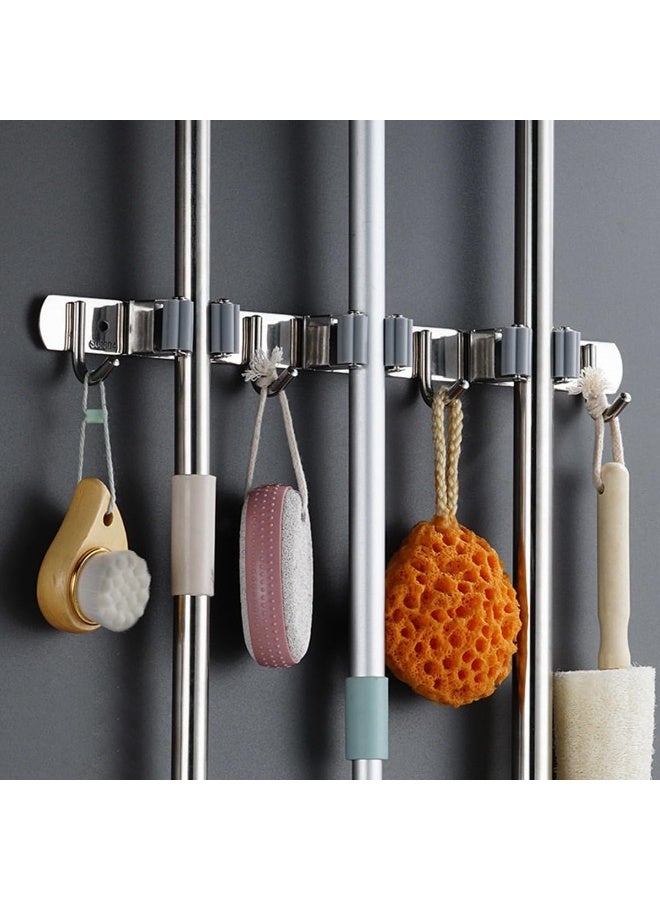 VIUAUAX حامل مكنسة ممسحة، حامل مكنسة مكنسة، شماعة من الفولاذ المقاوم للصدأ مثبتة على الحائط، منظم أدوات ذاتية اللصق، 3 رفوف 4 خطافات للخدمة الشاقة بدون حفر للمنزل، المرآب، المطبخ، الحديقة، تخزين الحمام - فضي - Image 2