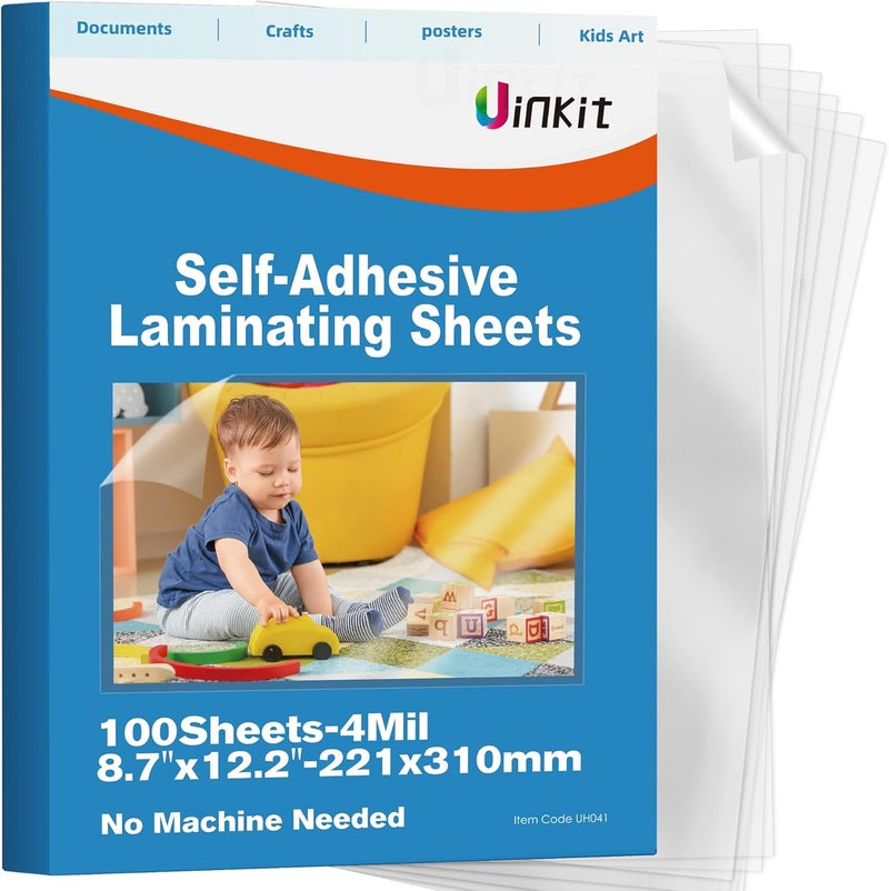 Uinkit 4mil Thicker Self-Adhesive Laminating Sheets, 100Pack Letter Size 8.5x11" - Peel & Stick, No Heat Needed - Dry-Erase Friendly Surface for Reusable Documents, Kids Art, Posters & Crafts - Image 1