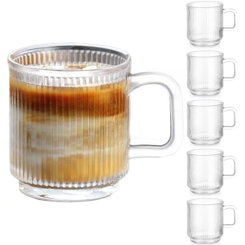 Qipecedm 6 PACK Premium Glass Coffee Mugs with Handle 12 OZ Classic Vertical Stripes Glass Coffee Cups Transparent Tea Cup for HotCold Beverages Glassware Set for Americano Latte Cappuccino