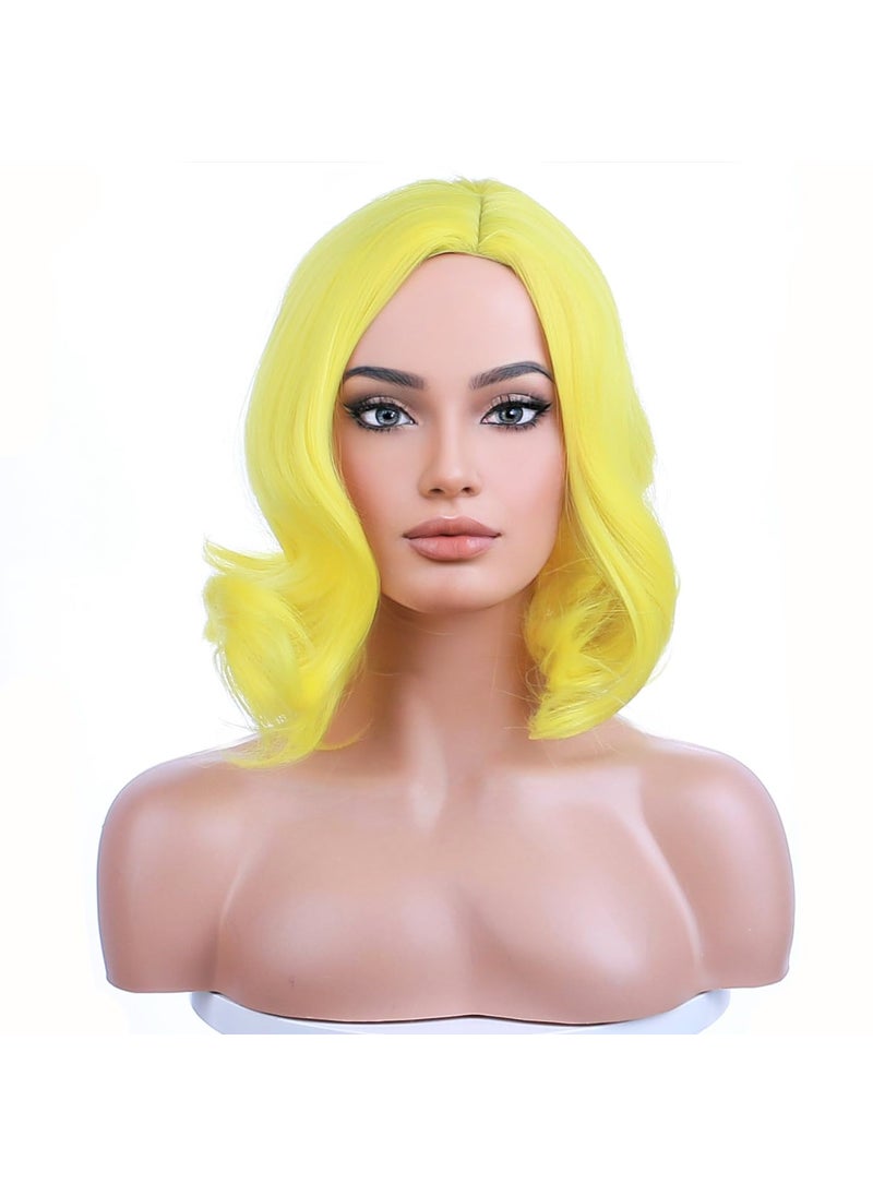 BERON BERON Yellow Wig for Women Girls Short Curly Wavy Bob Wig Yellow Colored Heat Resistant Synthetic Hair Wigs for Costume Cosplay Wigs 