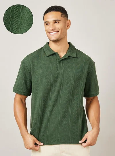Styli Premium Cable Textured Knit Revere Collar Oversized Polo