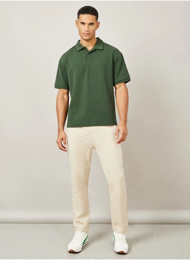 Styli Premium Cable Textured Knit Revere Collar Oversized Polo