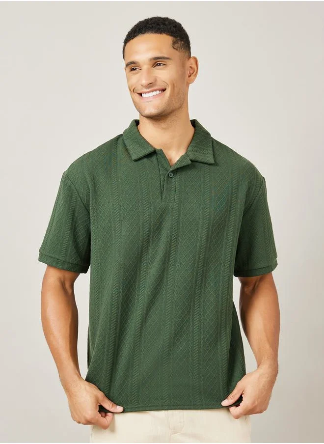 Styli Premium Cable Textured Knit Revere Collar Oversized Polo