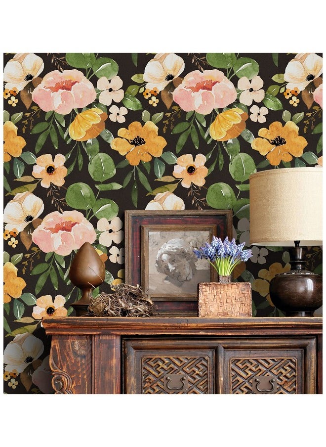 HAOKHOME 932151 Vintage Boho Floral Peel And Stick Wallpaper Peonies Removable Rose Black/Brown/Oliva Vinyl Self Adhesive Mural 17.7In X 9.8Ft  - Image 2