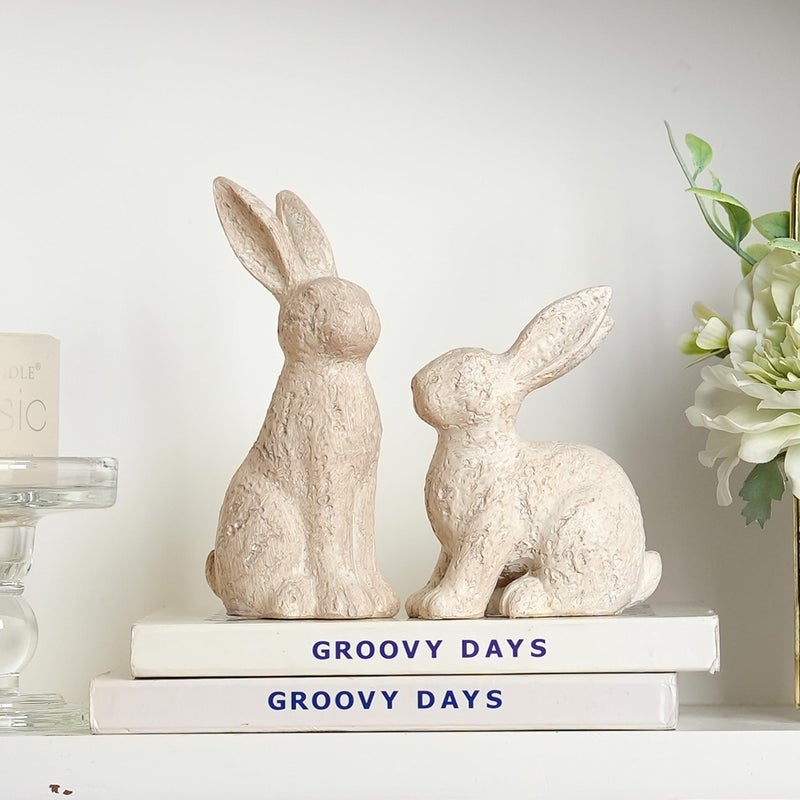 AOMOONOA Beige Easter Bunny Decor, Bunny Figurines Set of 2, Resin Rabbit Decor with Stone-Look Finish, Vintage Bunnies Statue for Spring Table Centerpiece, Rustic Home, Farmhouse Mantle Shelf Decor - Image 5