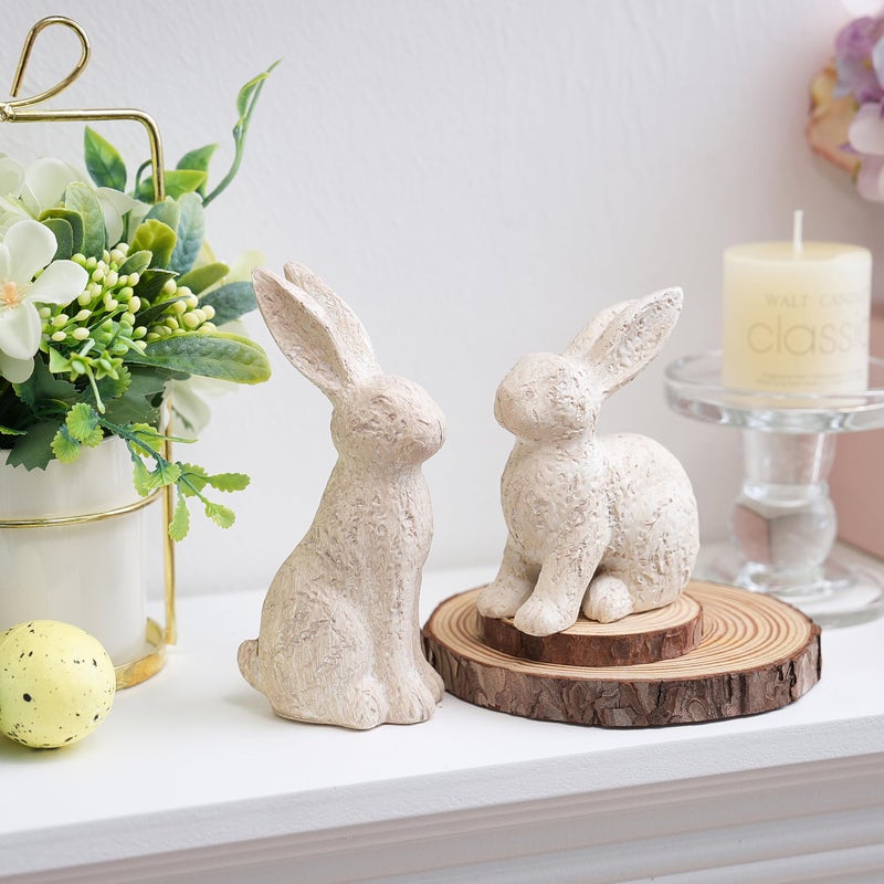 AOMOONOA Beige Easter Bunny Decor, Bunny Figurines Set of 2, Resin Rabbit Decor with Stone-Look Finish, Vintage Bunnies Statue for Spring Table Centerpiece, Rustic Home, Farmhouse Mantle Shelf Decor - Image 3