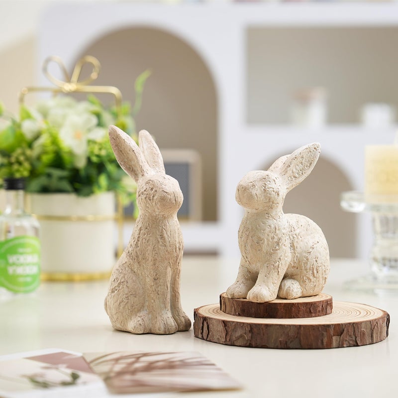 AOMOONOA Beige Easter Bunny Decor, Bunny Figurines Set of 2, Resin Rabbit Decor with Stone-Look Finish, Vintage Bunnies Statue for Spring Table Centerpiece, Rustic Home, Farmhouse Mantle Shelf Decor - Image 2